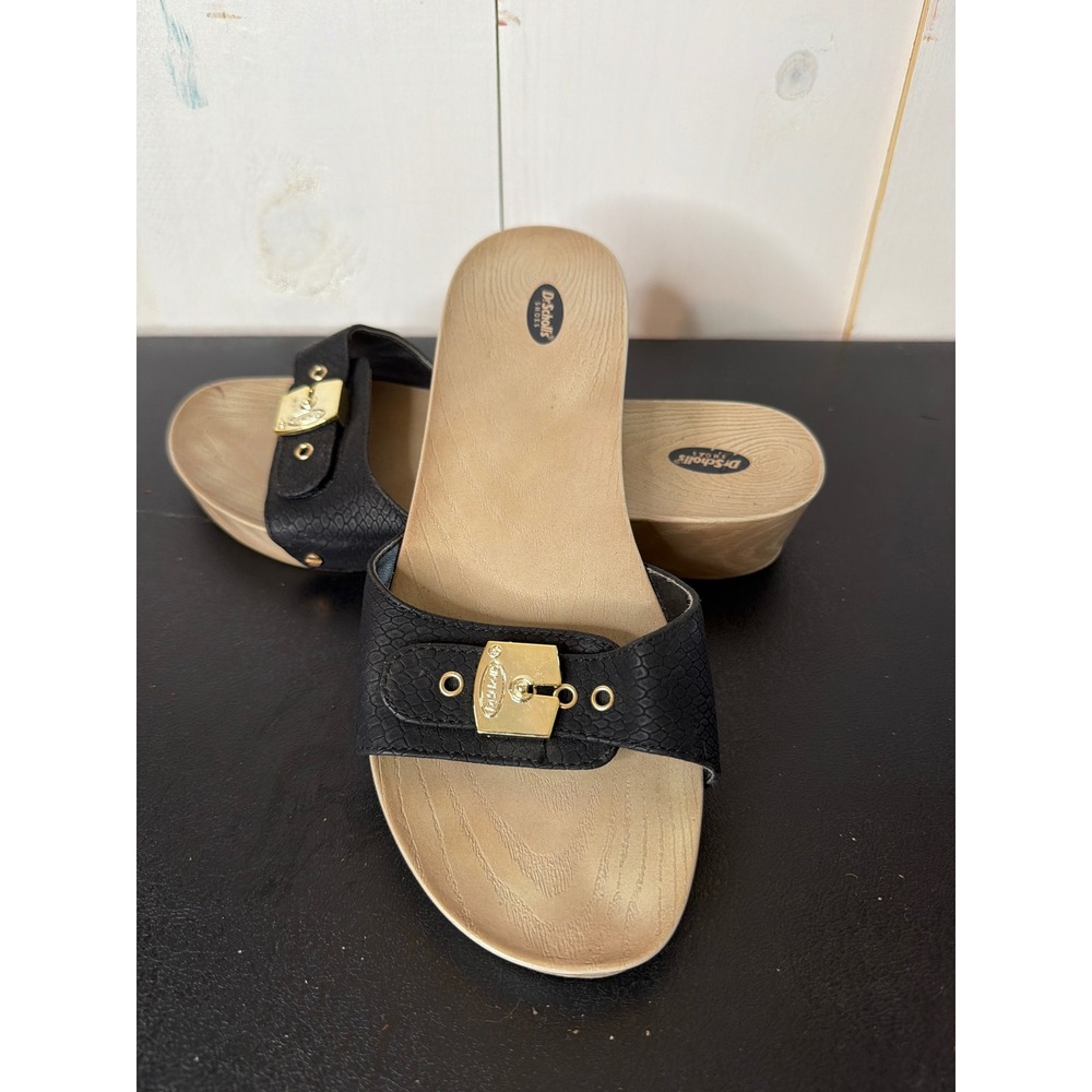 Dr Scholls Womens Black Faux Leather Slide Sandals Classic Buckle 8M